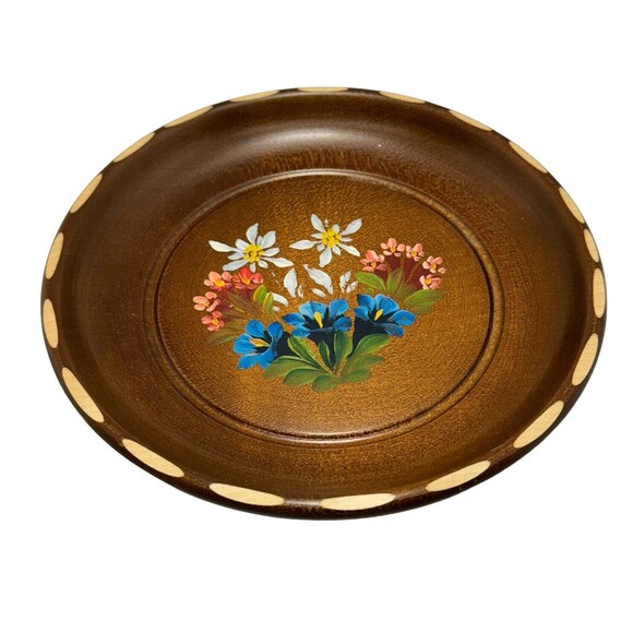 Vtg Boho Swiss Hand-Painted Floral Flowers Toole Design Wooded Dish 7" MCM Tray - Picture 3 of 9